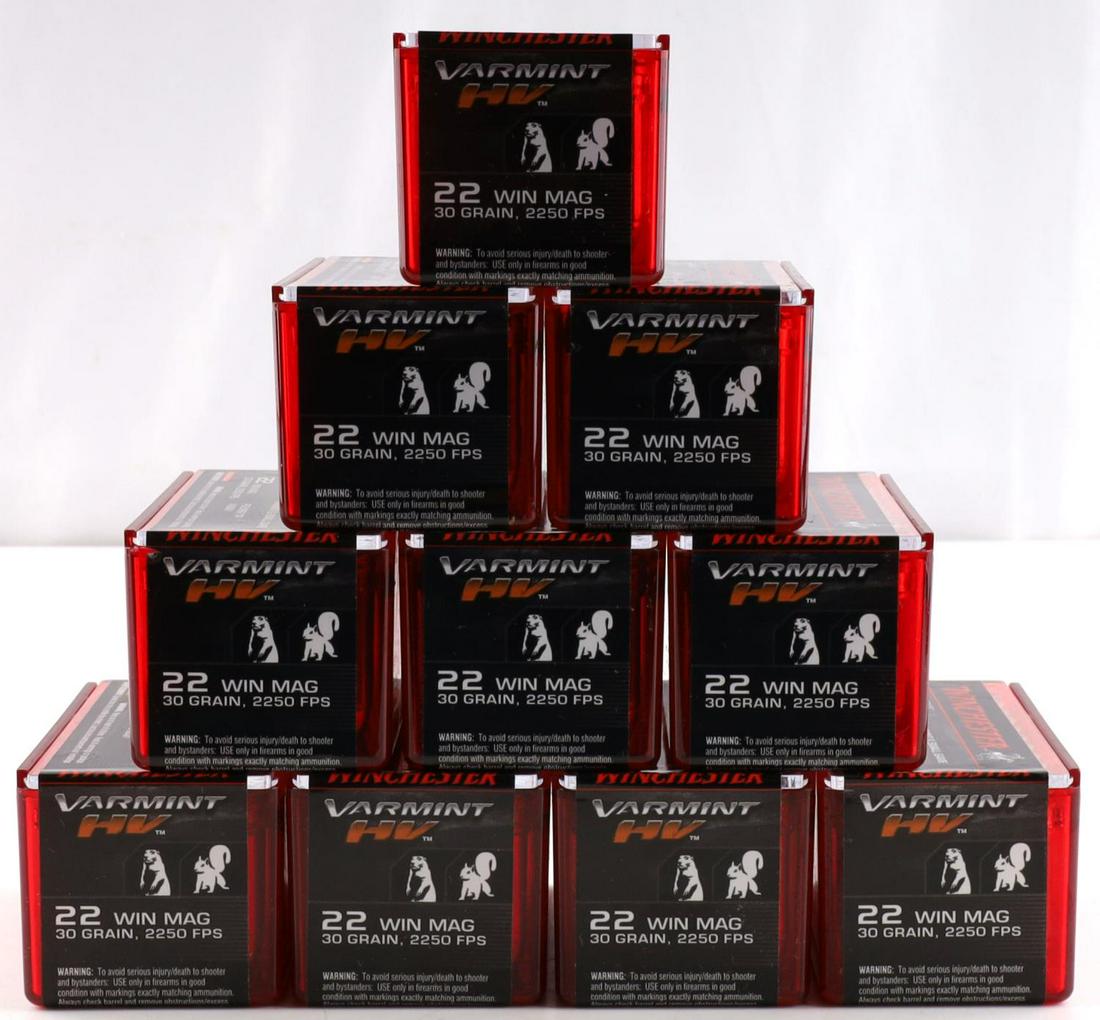 500 ROUNDS OF .22 WINCHESTER MAGNUM VARMINT HV: New in box 30 grain, polymer tip v-max. Comes in 10 boxes with 50 rounds each.