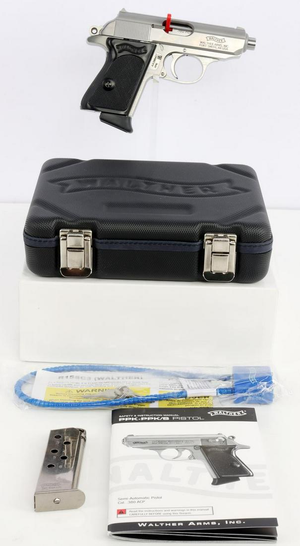 WALTHER PPK 9MM KURZ SEMI AUTO COMPACT PISTOL NIB: Brand new in presentation case. Stainless steel finish with black grip. FFL required for transfer. No international shipping. Know your state's firearm laws prior to bidding. Caliber: 9mm KURZ/380acp