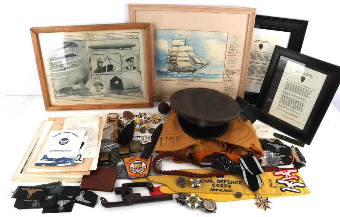 MILITARY COLLECTIBLES LOT WWI WWII MULTI CONFLICT: Includes 3 British Civil Defense arm bands, 4 framed items which can be removed at buyers request to reduce shipping, there are 2 SHAEF Eisenhower D-Day statements, Crew signed Tall ship water color,