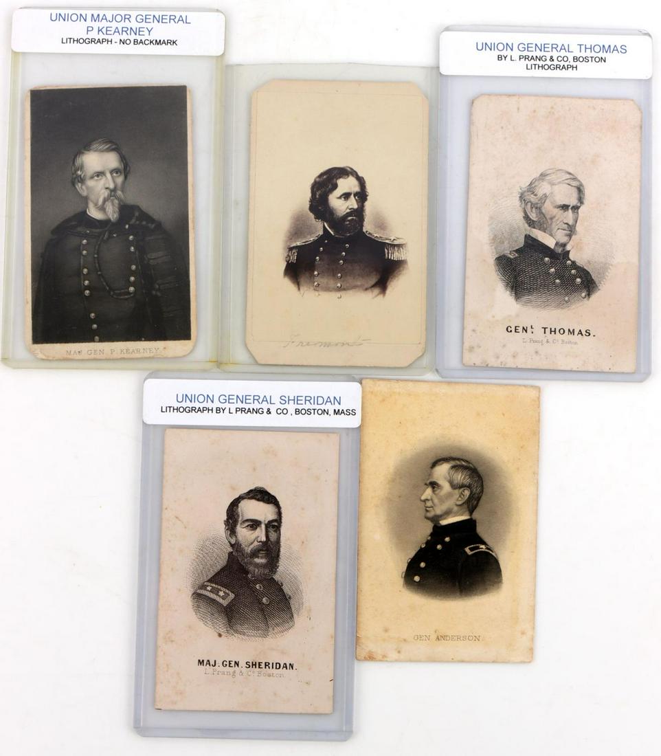 5 CIVIL WAR UNION GENERAL CDV LOT SHERIDAN THOMAS: CDV lithograph card. Freemont has NY back mark, the others do not. Also includes Kearney, Freemont, Thomas, Meade & Butler.