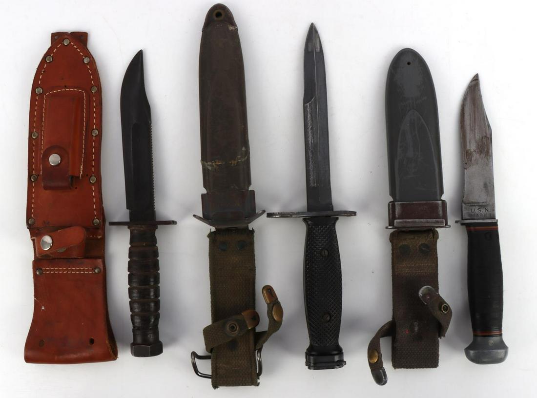 3 WWII USN MK-1 M-3 KA BAR M-7 FIGHTING KNIFE LOT: Include M-7 in M-8 scabbard, very good, USN Mk-1 Pal blade, re sharpened, M-3 Ka Bar fighting knife very good condition.
