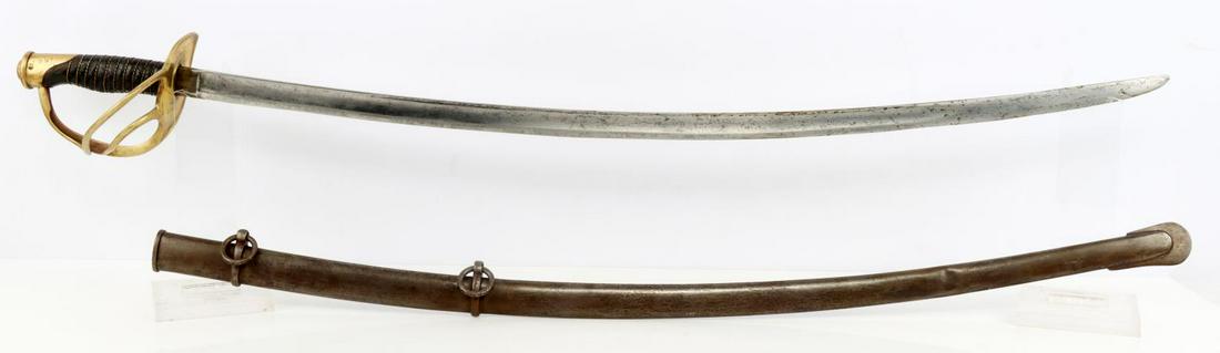 MODEL 1860 CIVIL WAR LIGHT CAVALRY SABRE: Maker is obscured at ricasso, stamped 39 at each side of pommel, basket stamped 92 39 39, good blade tight, dented lower scabbard, and small split, does not rattle, very good example.