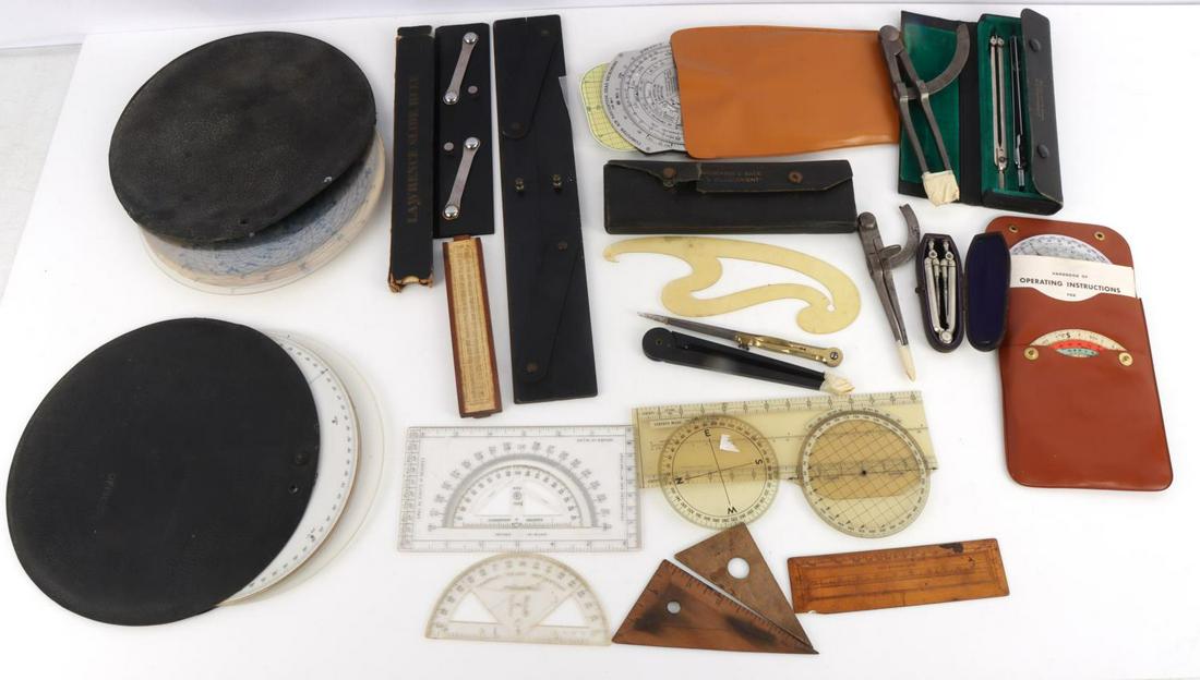 WWI WWII AVIATOR PILOT NAVIGATION TOOL LOT: Some scarce instruments to include, Navigator U.S. Government protractors, boxed, 2 U.S. Rude Star finder and Identifier wheel kits, Lawrence slide rule, cased early protractors, protangles,, air to g