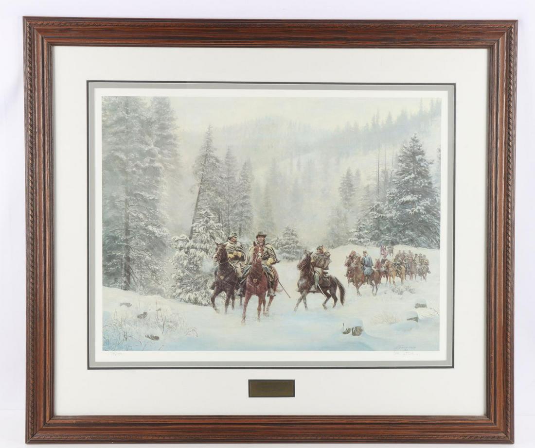 NATHAN BEDFORD FOREST WINTER PRINT LE DON STIVERS: "Nathan Bedford Forest" #290/650. In frame measuring 34 1/8 inches wide by 29 5/8 inches tall. Hand signed "Don Stivers" in lower right corner. No visible detractions to print. Dated 1983.