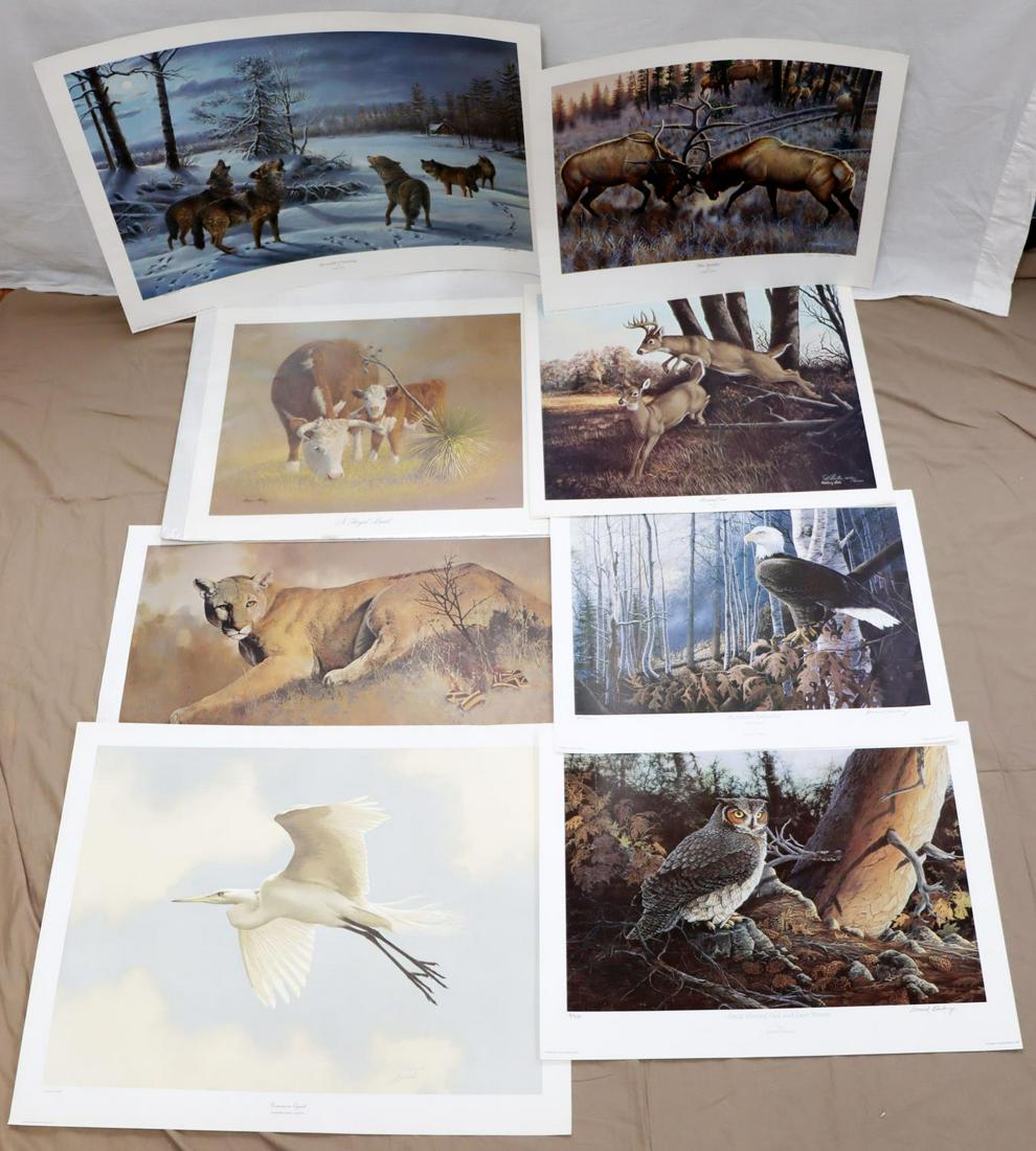 8 SIGNED LIMITED EDITION WILDLIFE LITHO PRINTS LOT: "Spirit Warrior" signed lithograph by Ron Faner. Limited edition print 27/375. Image size 20x37 inches. "Breaking Cover" signed lithograph by Harry Antis (1942-2002). Limited edition print 1606/2000.