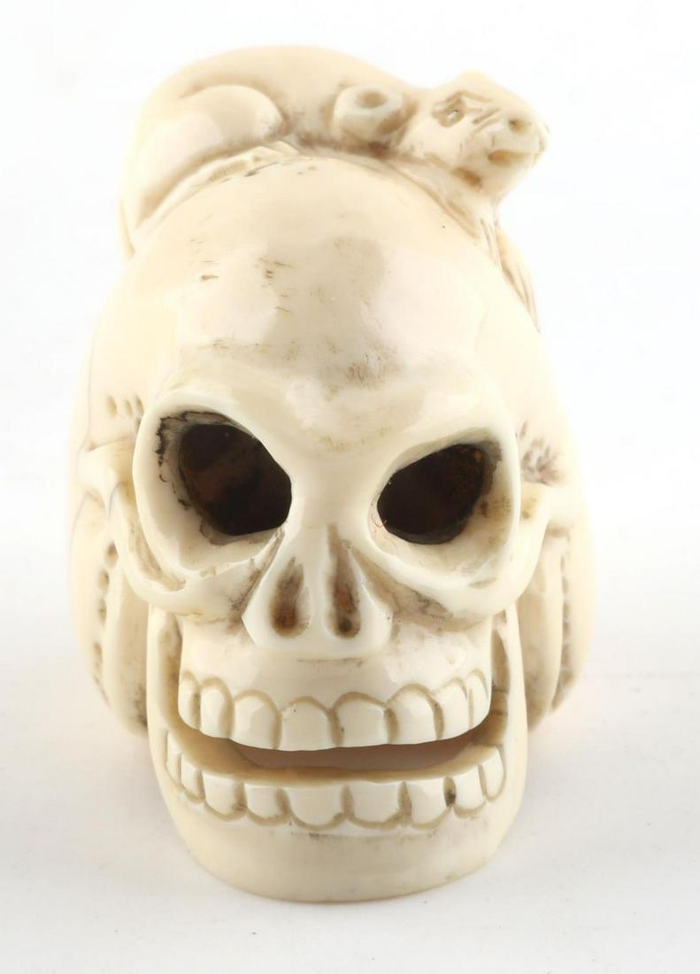MEIJI PERIOD SIGNED IVORY NETSUKE SKULL WITH RAT: Measures 1.5x1x1 inch. Over 100 years old, not available for international shipping. Please check your states laws prior to bidding.