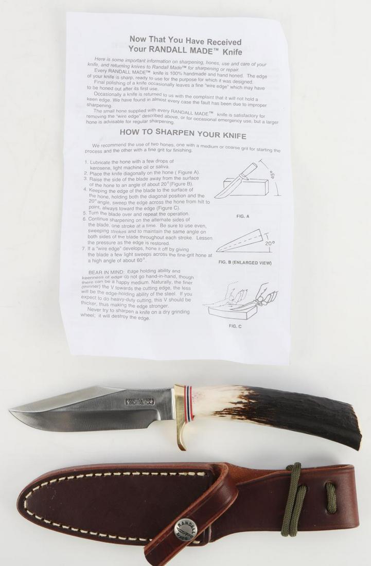RANDALL MADE MODEL 8 TROUT & BIRD KNIFE W SHEATH: All American Randall Made knife without the 6 year wait. This Model 8 Trout and Bird knife features a 4 inch blade of 3/16 inch stock with thumb grip. The top cutting edge is sharpened approximately 2