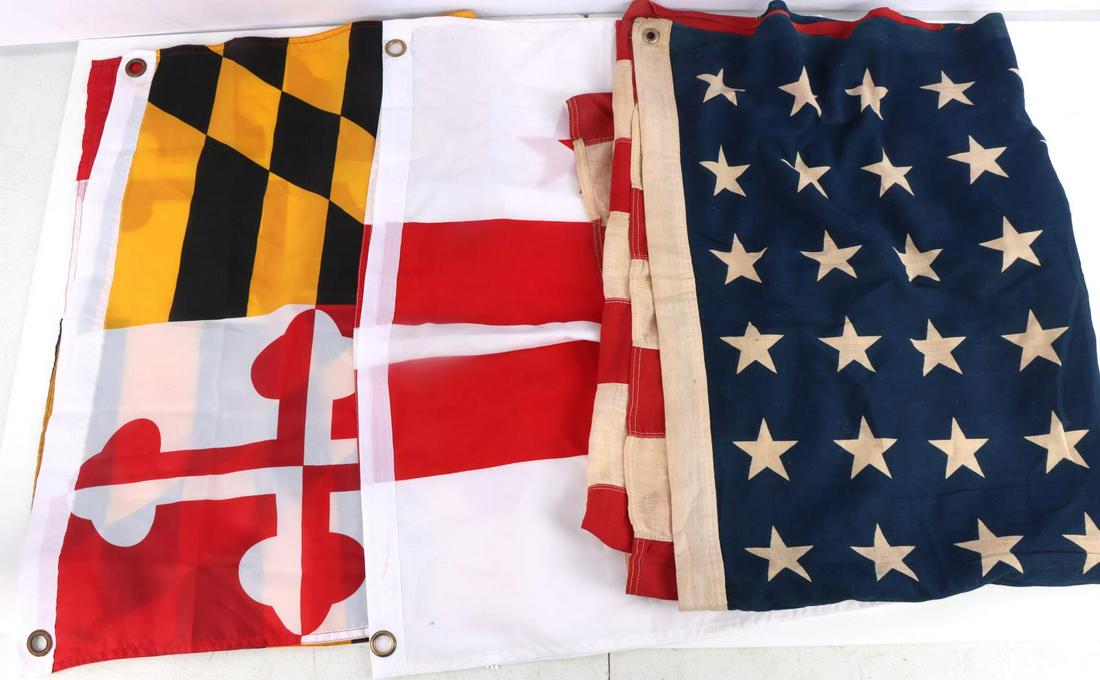 WWII ERA US AMERICAN 48 STAR FLAG & STATE FLAGS: Measures 43 inches tall by about 68 inches wide. In good condition with no tears or holes present. Washington D.C. and Massachusetts state flag are both modern nylon creation.