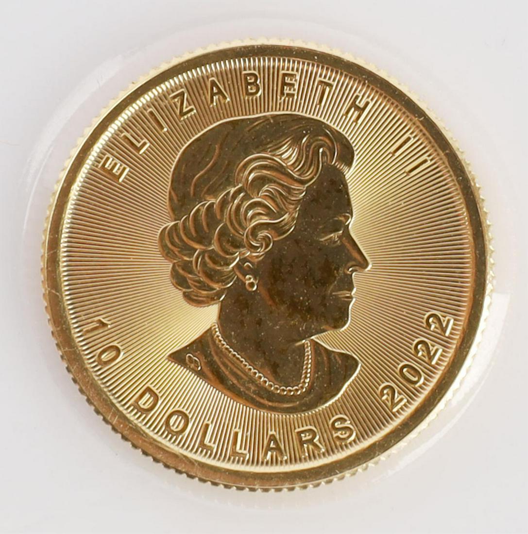GOLD COIN 1/4 TROY OUNCE CANADIAN MAPLE LEAF: 1/4 troy ounce fine gold Canadian Maple leaf. Brilliant uncirculated and electronically tested. This lot has a reserve.