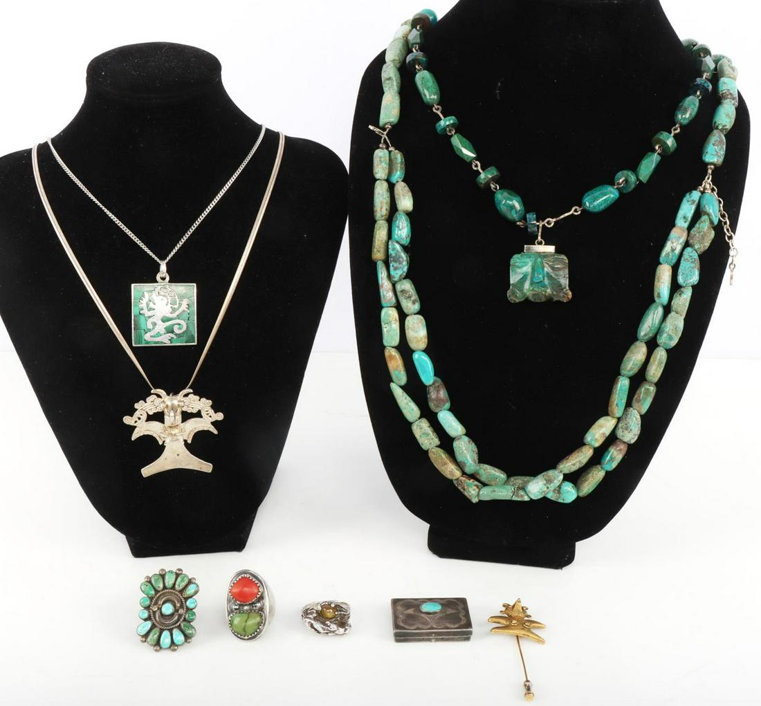 NATIVE AMERICAN MEXICO SOUTHWESTERN JEWELRY: Vintage sterling silver jewelry from the American southwest to Central America. All natural stones. Necklace lengths range 17 to 22 inches and ring sizes range 7.5, 8, and 11. This lot has a reserve.