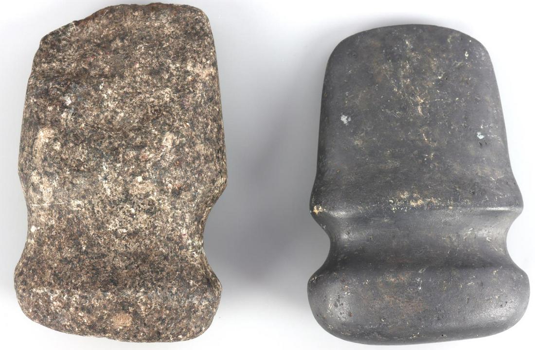 2 NATIVE AMERICAN FULL GROOVE GRANITE AXE HEADS: Lot of 2 Native American full groove granite axe heads. They measure approximately 4 inches. Good condition. This lot has a reserve.