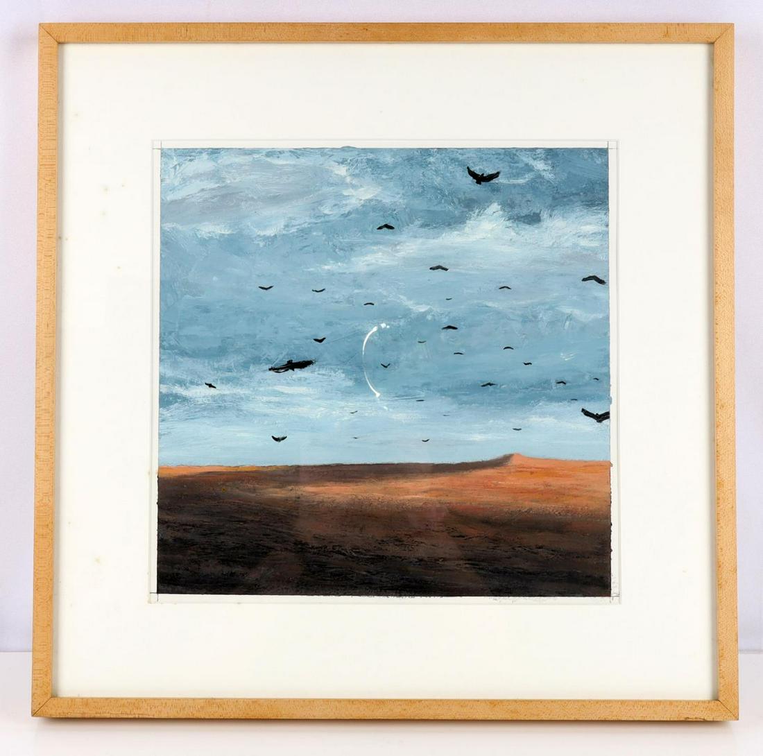 ADAM STRAUSS ORIGINAL SIGNED OIL ON PAPER PAINTING: Adam Straus' (American, B. 1956) Buzzards Over the Desert, dated 1998. Professionally framed with a few spot discoloration's to matte. Nohra Haime Gallery New York label on reverse. Measures 19.5x19 i