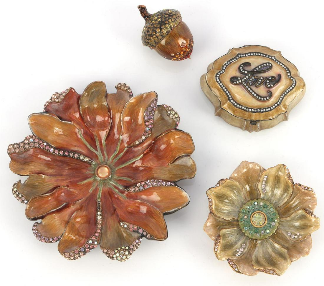 JAY STRONGWATER BRONZE FLORAL DISH & TRINKET BOX: Four Jay Strongwater designer art bronze with crystal accents pieces. Includes a 5 inch floral, 3 inch floral, acorn trinket box, and a 3 inch LOVE trinket box.