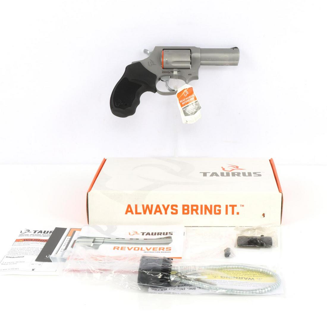 TAURUS 605 .357 MAGNUM REVOLVER NIB: Features a 5 shot cylinder, 3 inch barrel, satin stainless finish, and textured rubber grips. Brand new in box with manual, lock, and all inserts. No international shipping. Requires FFL for transfer.
