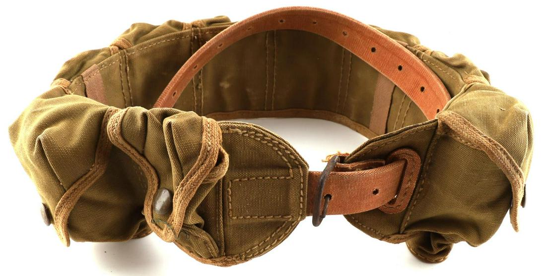 WWII JAPANESE EMPIRE CANVAS BELT W/ 2 GRENADES: Includes Japanese Empire canvas belt with proof stamps on inside and two type 97 inert grenades. All in good condition.