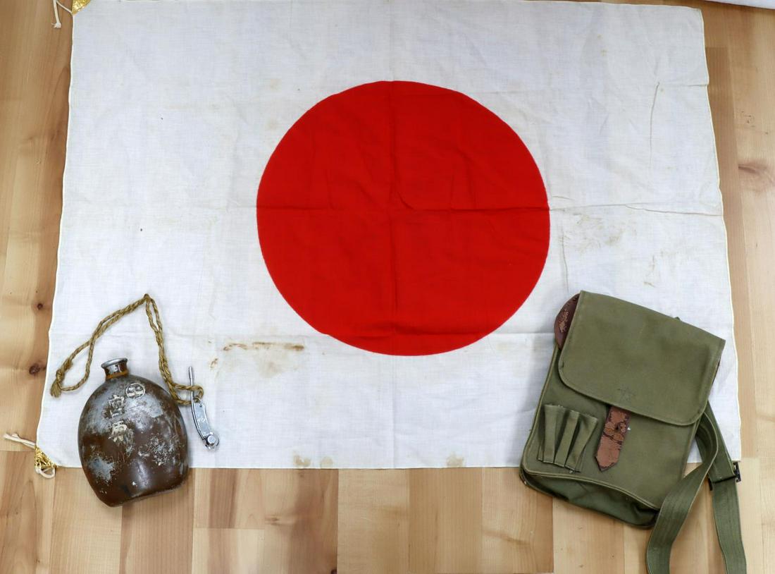 WWII JAPANESE FLAG MAP CASE NAVY WHISTLE CANTEEN: 37x28 inch flag free of tear but has some staining. IJN anchor stamped. Also includes Bos'n whistle, officers map case, and canteen with characters. From a veteran's estate.