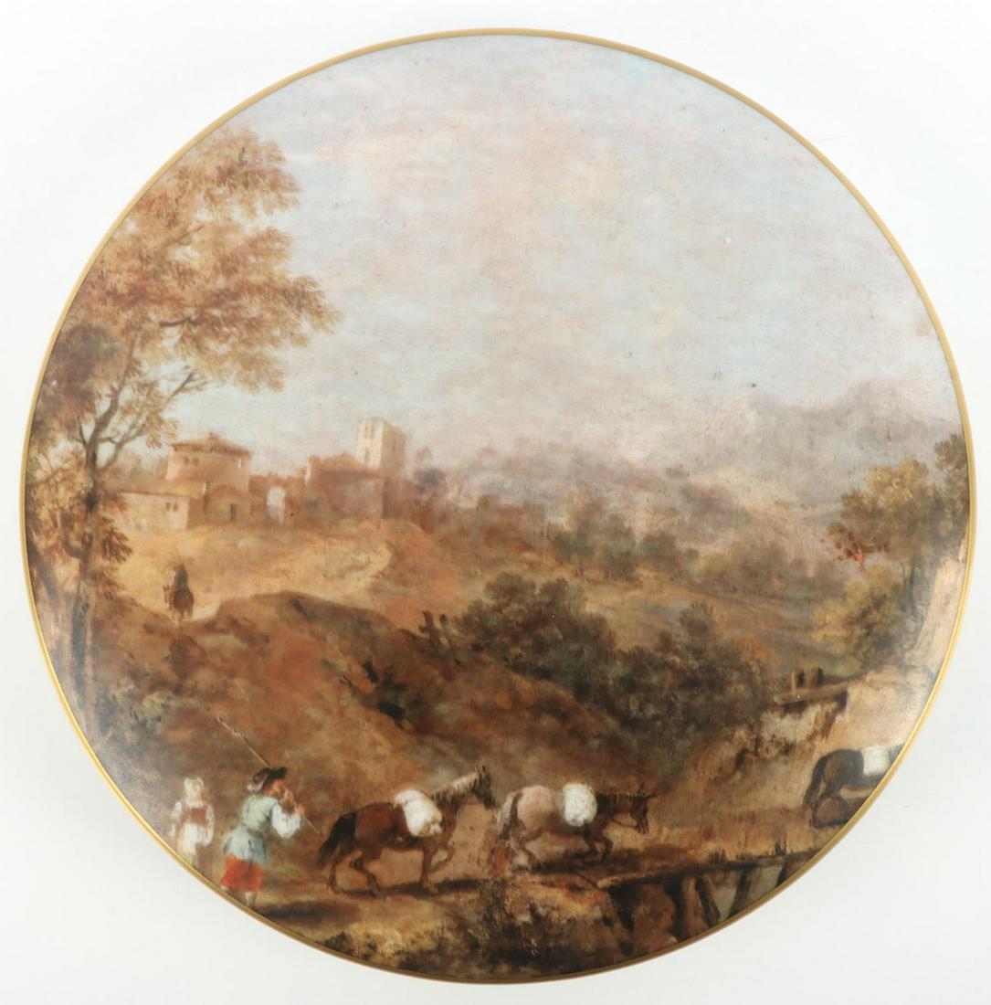 LIMOGES MNP FRANCE PORCELAIN PASTORAL PAINTED BOX: Large chocolate, tea biscuit or cookie porcelain lidded container. Hand painted porcelain with pastoral countryside with village scene. In very good condition with no chips, cracks or repairs. Diamete