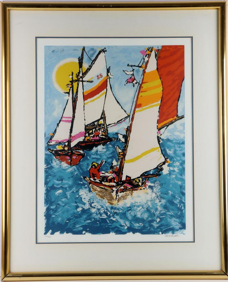 EDWARD SOKOL SIGNED SILKSCREEN PRINT FULL SAIL: Frame measures 40 x 32 1/2 inches, image 29 3/4 x 22 1/'2 inches, limited edition 120 of 320. With Gallery COA on reverse.