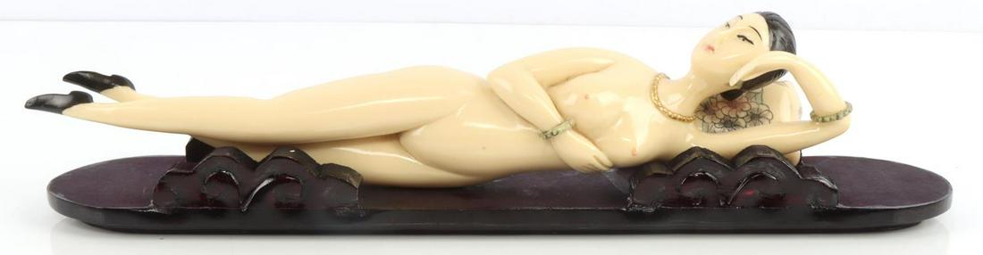 CHINESE DOCTOR ANTIQUE FEMALE MEDICINE MODEL: Includes nude figurine, pillow, and wood base. In good condition with no chips or breaks on figurine. This lot has a reserve.