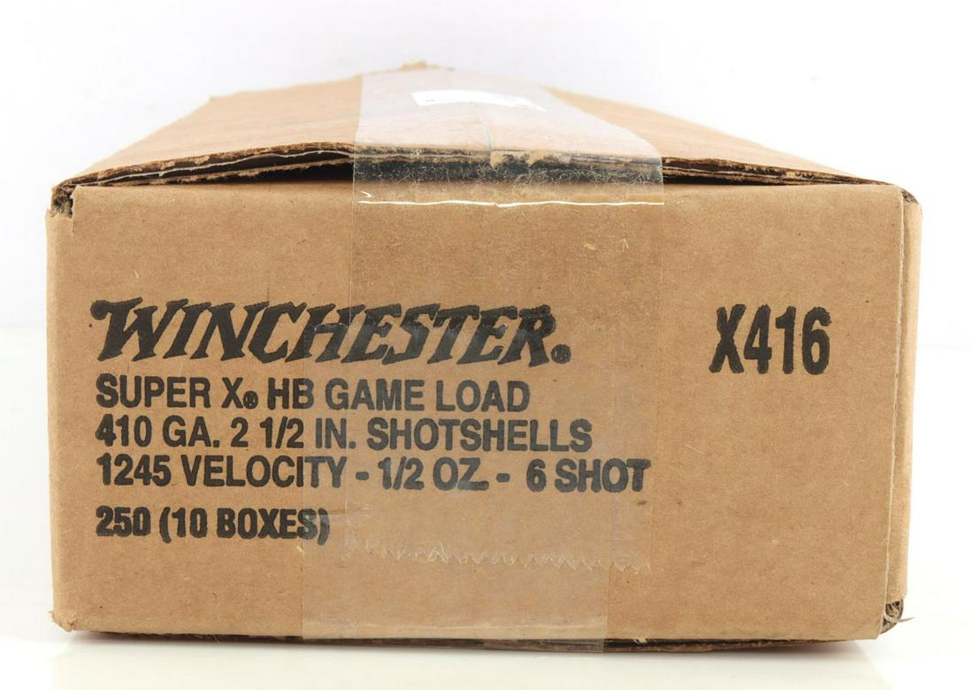 250 ROUNDS OF WINCHESTER SUPER X 410 GA SHOTSHELLS: New in box .410 gauge 6 shot, 2 1/2 inches. Comes in 10 boxes with 25 rounds each.