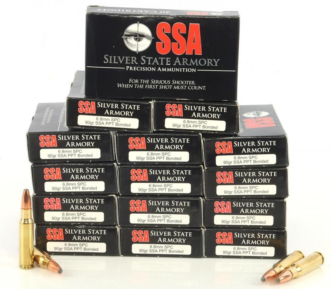 300 ROUNDS SILVER STATE ARMORY 6.8MM AMMUNITION: Fifteen boxes of twenty rounds each, 6.8mm SPC, brass casing, 90 grain, new in box.