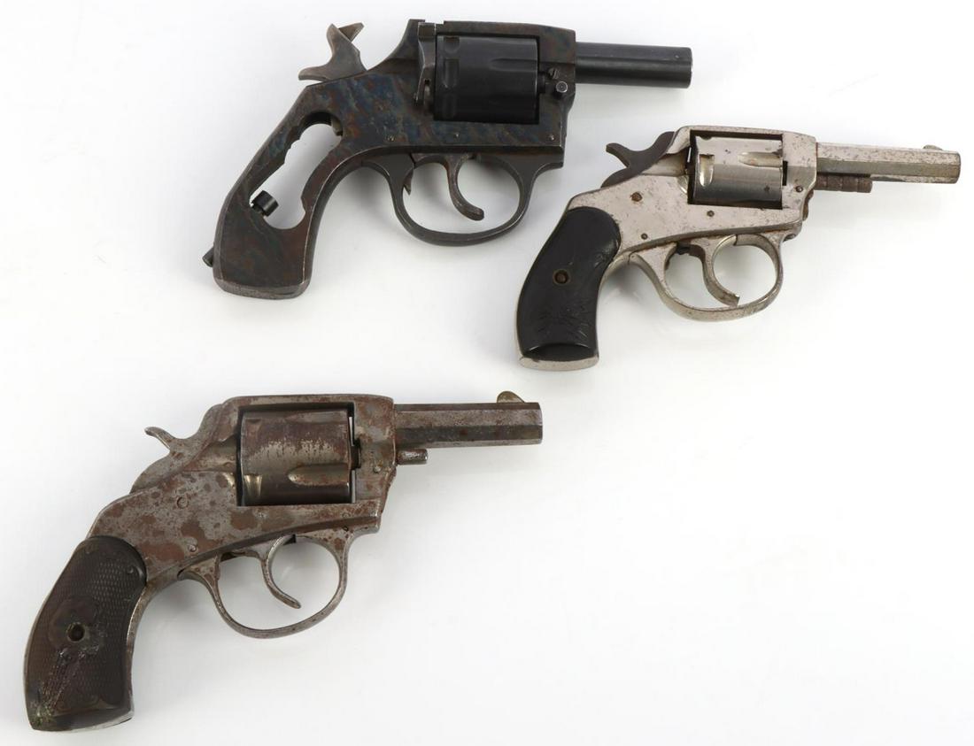 IVER JOHNSON AMERICAN BULLDOG MODEL 50A REVOLVERS: Lot of 3 Iver Johnson revolvers including two American Bulldog revolvers with caliber .32 and .38 and a Model 50A Sidewinder revolver .22 caliber. First bulldog bore is bright, not clear, with minor t