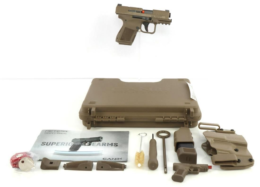 CANIK METE MC9 FDE 9MM SEMI AUTOMATIC PISTOL NIB: New in box and includes a holster, owner's manual, lock, cleaning kit, two magazines, a speed loader, two spare grips, and a miniature model. FFL required for transfer. No international shipping. Know