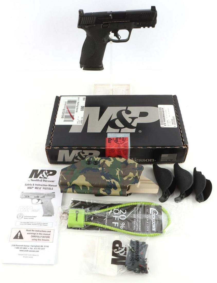 SMITH & WESSON M&P 10MM SEMI AUTOMATIC HANDGUN: Smith & Wesson M&P M2.0 10mm caliber semi-automatic handgun with two 15 round magazines. Bright and clear bore. 4 inch barrel. Black steel and polymer with textured grips. Inlcuded in original box wit