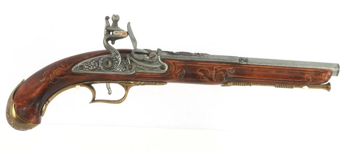 MODERN BELGIAN FLINTLOCK REPRODUCTION: Modern reproduction of a Belgian Flintlock. Non-firing replica. Engraved lock plate with "1740" with more designs to the wood and barrel. Very good condition with a functioning action. Non-FFL. No int
