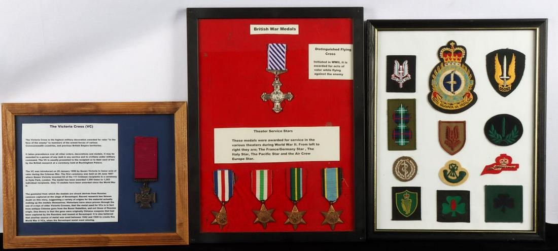 LOT OF FRAMED WWII BRITISH EMPIRE MEDALS & REPROS: 3 sets included. First is set in a riker mount and features 4 theater service crosses and a reproduction copy Distinguished Flying Cross, these medals are stuck to the fabric they are displayed on but