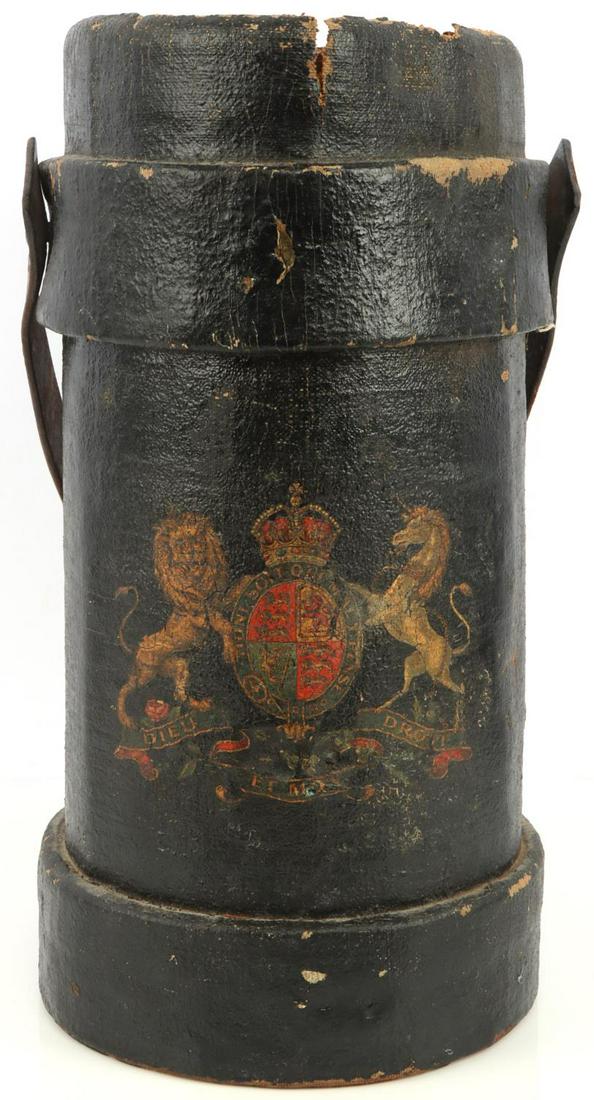 WWI BRITISH ROYAL CORDITE AMMO CARRIER: WWI ammo carrier with British Royal Coat of Arms. Appears to be canvas and cork with black paint. Measures 15 1/2 inches.