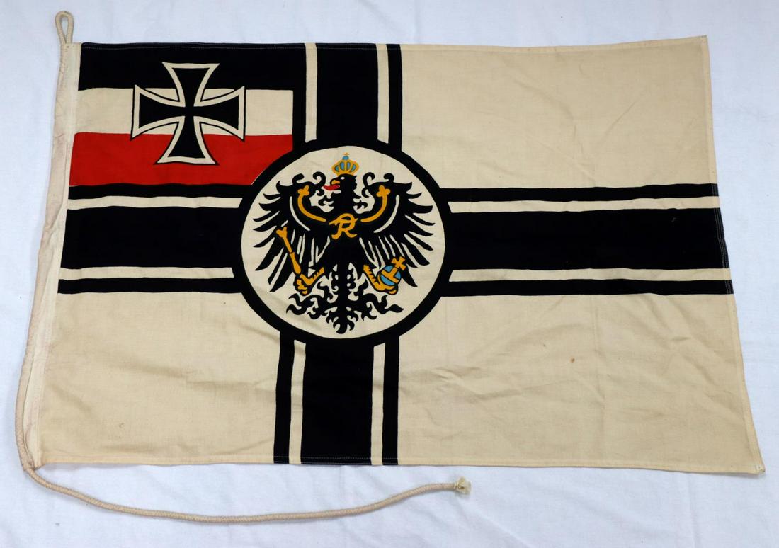 WWI IMPERIAL GERMAN WAR ENSIGN FLAG: Measures 23x35 inches. Very good condition with slight age toning. Kriegsflagge printed on hoist.