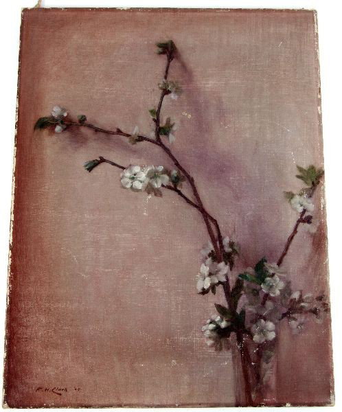 FREDERICK H CLARK OIL STILL LIFE PAINTING: Unframed painting on canvas signed "F. H. Clark '04." Still life of what appears to be dogwood flowers. Frederick H. Clark (American, 1862 - 1947) studied with notable American artist William Merritt 