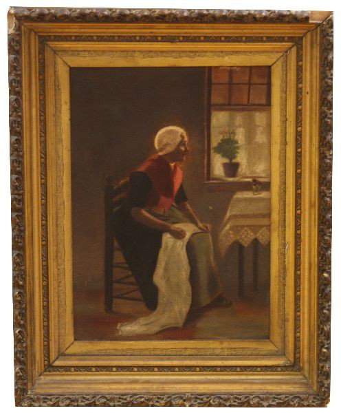 LATE 19TH CENTURY PAINTING OF A SEAMSTRESS: Unsigned portrait of a seamstress seated with her work in her lap, gazing out an open window. Cleaning needed. Canvas size is 10 by 14 inches, overall framed size is 15 by 20 inches. Some gesso missin
