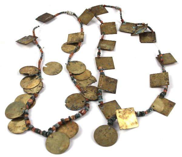 PRECOLUMBIAN GOLD TUMBAGO AND BEADED NECKLACE: Two Pre-Columbian bead, and gold tumbago beaded necklace. Possibly Mesoamerican in origins. Features flat hammered gold and copper alloy beads re-strung onto modern chain with sodalite and red coral b