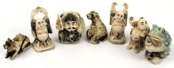 7 JAPANESE THEME NETSKUES AND FIGURINES: Seven Japanese theme figurines. Three of which are netsuke. Measuring around 2.5 inches. Overall in good condition with some signatures. None appear to be ivory.