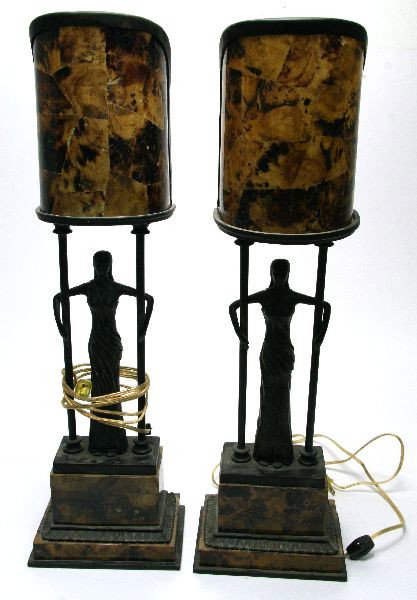 PAIR OF MAITLAND SMITH FIGURAL ART DECO LAMPS: Pair of Maitland Smith figural Art Deco style lamps. Features tortoiseshell design. Measures 25 by 5 by 7.5 inches. Overall in good working condition.
