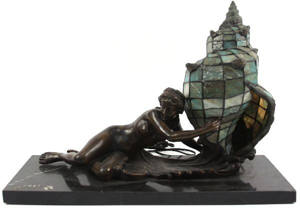 BRONZE AND GLASS NYMPHET & SHELL LAMP: Bronze and glass nymphet and shell lamp. Measures 17 by 9.5 by 23 inches. Needs cleaning, overall in good working condition.