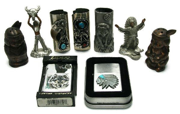 MIXED LOT OF NATIVE AMERICAN ITEMS: Mixed lot of Native American themed items including, two Zippo lighters, three lighter cases with some turquoise, two Native American figurines, and a Native American boy and girl salt and pepper shak