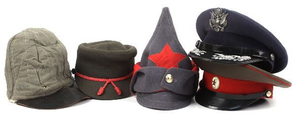 MIXED LOT OF FIVE MILITARY HATS: Lot of five military hats, including USAF crusher hat, Finnish Winter War hat, Soviet officers hat, Soviet Budenovka hat, and Russian kepi style hat. All in good to excellent condition.