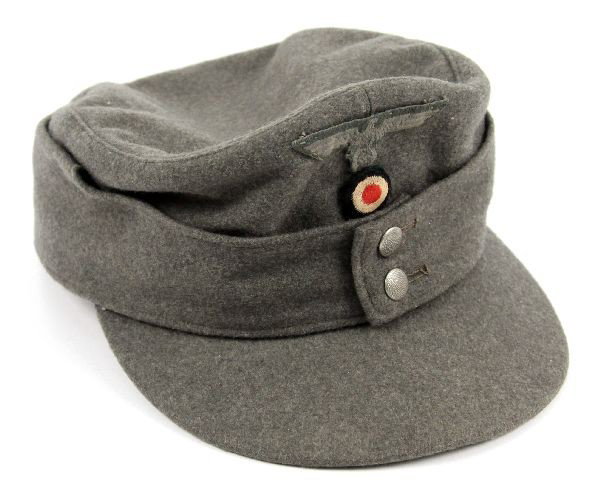 WWII GERMAN M43 WEHRMACHT WOOL CAP IDELWEISS: WWII German m43 wool enlisted men's cap, with Wehrmacht eagle & colors to the front, and Idelweiss pin (deemed spurious).
