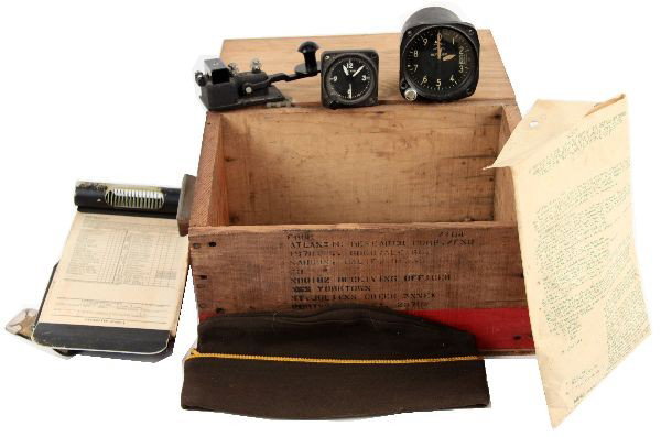 MILITARY HELICOPTER PILOT BOX OF INSTRUMENTS: Helicopter Pilot's box of gear to include M2A knee board , C-12 altimeter, 8 day cockpit clock, APH 5 helmet measuring gauges and helmet supplies, and a post war semaphore with Bakelite attachments, l