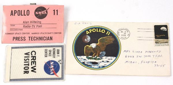 APOLLO 11 PRESS PASS CREW PASS & FDC: Original Apollo 11 Press Technician pass, a Crew Visitor Nasa original badge, and FDC.