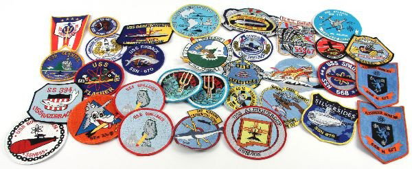 31 ASSORTED SUBMARINE CLOTH PATCHES: Including USS Albacore, USS Albuquerque, USS Alexander Hamilton, USS Atlanta, USS Barbel, USS Birmingham, USS Bowfin, USS Bushnell, USS Daniel Webster, USS Finback, USS Flasher, USS George Washington,