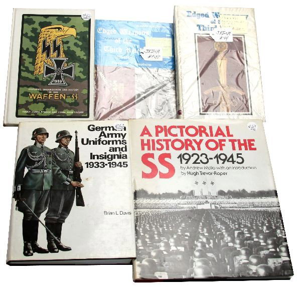 LOT OF 5 OUT OF PRINT THIRD REICH REFERENCE BOOKS: Lot includes: Edged Weaponry of the Third Reich, by Angolia; Edged Weapons of the Third Reich, by Fred Stephens; Uniforms, Organization and History of the Waffen SS; German Army Uniforms and Insignia,