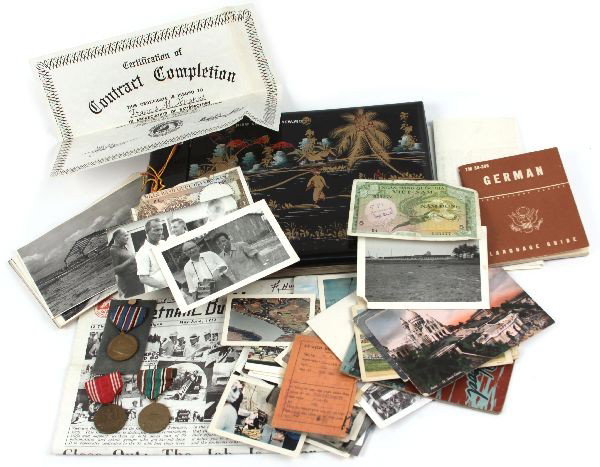 SO. VIETNAM SOUVENIR PHOTO ALBUM ENGINEER ARCHIVE: Enamel painted souvenir photo album of South Vietnam, reputedly belonged to a well established Construction Engineer, photos of his Vietnamese co workers as well as in country shots many described, do