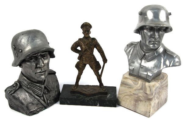 3 MODERN WWII GERMAN MILITARY FIGURINES: One plaster helmeted Wehrmacht soldier (measures 6.5 inches and with a chip), a higher quality Aluminum Wehrmacht soldier (measures 9 inches), and a SS officer with club (measures 7.5 inches).
