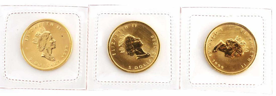 3 GOLD CANADA 1/10 OZT MAPLE LEAF COIN LOT: Brilliant uncirculated, electronically tested, all 1999. All sealed in Canadian mint envelopes.