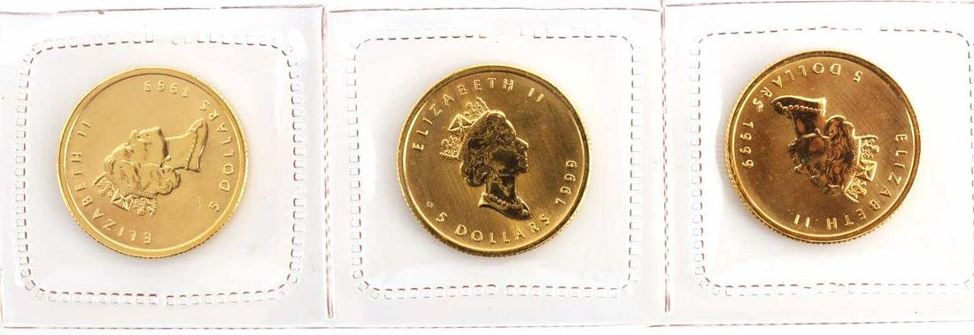 3 GOLD CANADA 1/10 OZT MAPLE LEAF COIN LOT: Brilliant uncirculated, electronically tested, all 1999. All sealed in Canadian mint envelopes.