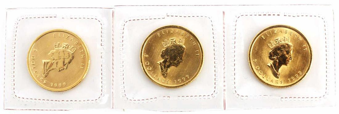 3 GOLD CANADA 1/10 OZT MAPLE LEAF COIN LOT: Brilliant uncirculated, electronically tested, all 1999. All sealed in Canadian mint envelopes.